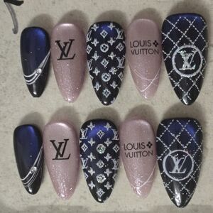 Designer Inspired Logo Navy Blue and Rose Press-On Nails